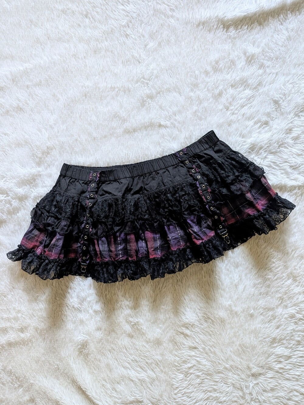Y2K Tripp NYC Garter Strap Purple Plaid & Black Lace Gothic Mini Skirt XL - Picture 6 of 11